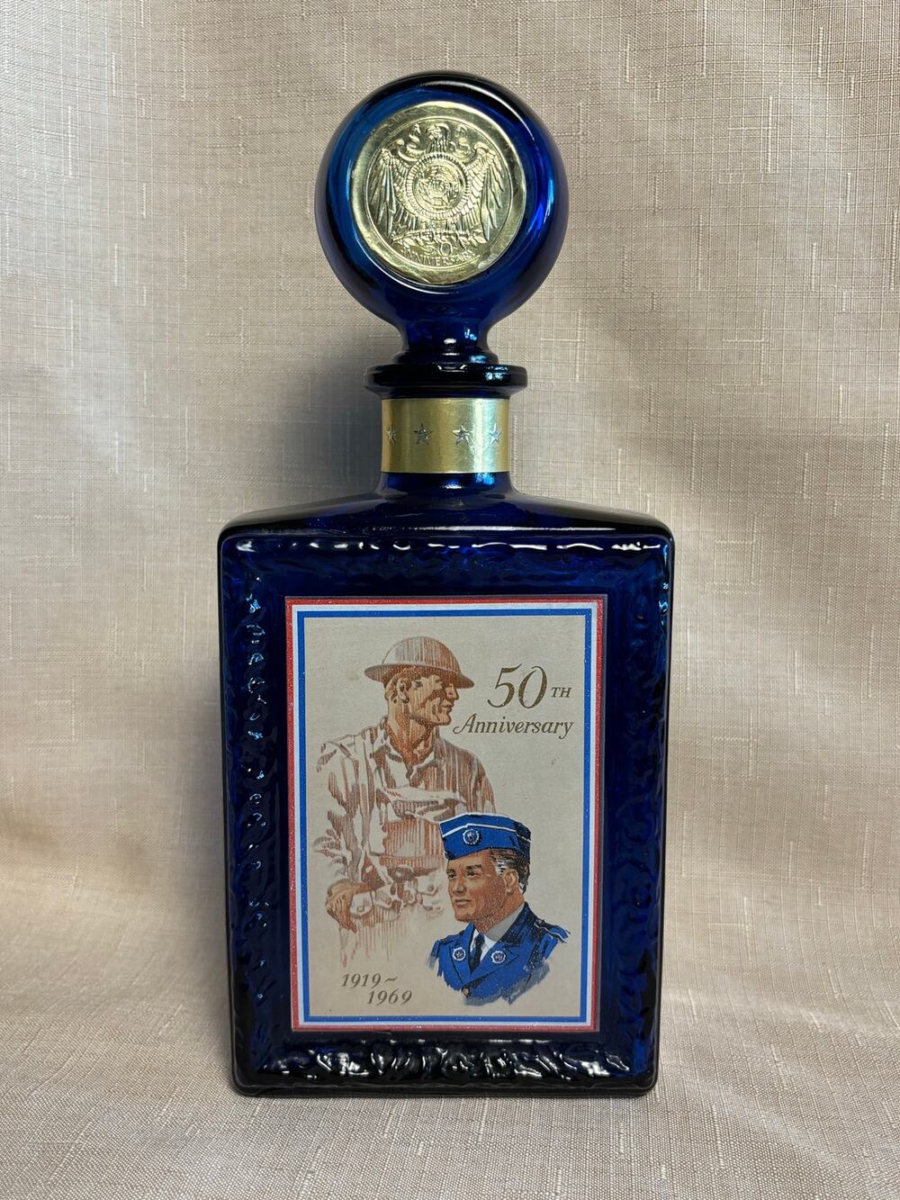 1969 JW Dant American Legion 50th Anniversary Cobalt Blue Decanter with Stopper